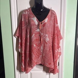 Talbots Coral Tropical Print 100% Silk Poncho Boho Gypsy Gal Top Size L / XL